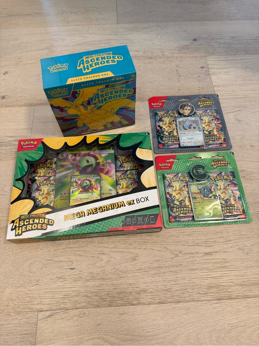 Pokemon Ascended Heroes ETB, Mega Meganium EX Box and 2 three packs